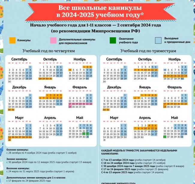 Опубликован график школьных каникул на 2024-2025 учебный год - «Мой папа знает»